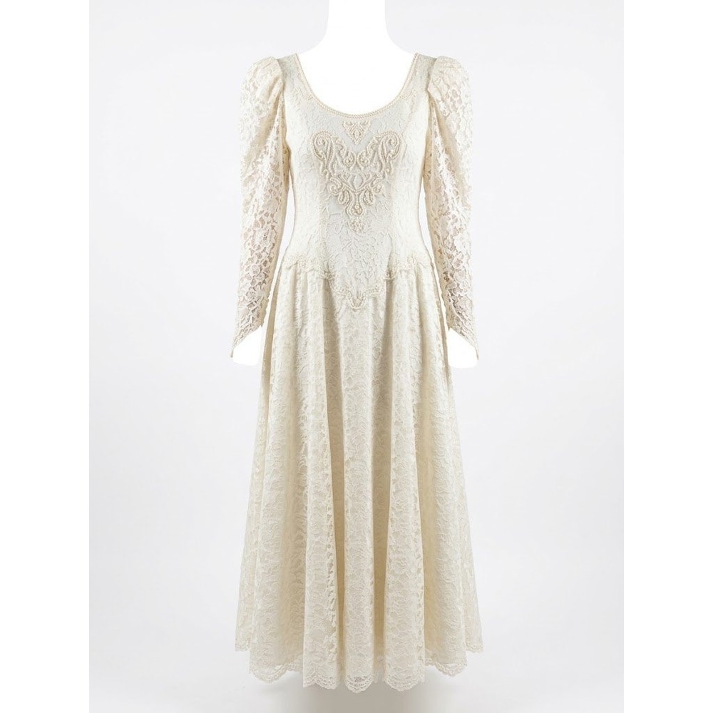 Vintage Wedding Dress Womens Ivory Lace Beaded Long Sleeve Sweetheart Maxi Gown